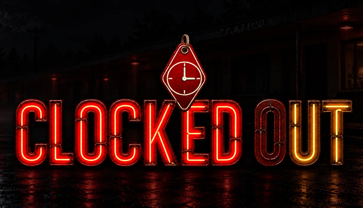 Clocked Out key art: the red neon logo, hung from a motel key tag, over the motel's rain-soaked car park.